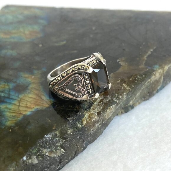 Sterling Silver 925A Rectangular Smoky Quartz & Marcasite Heart Ring Sz 5.75 - Picture 12 of 16